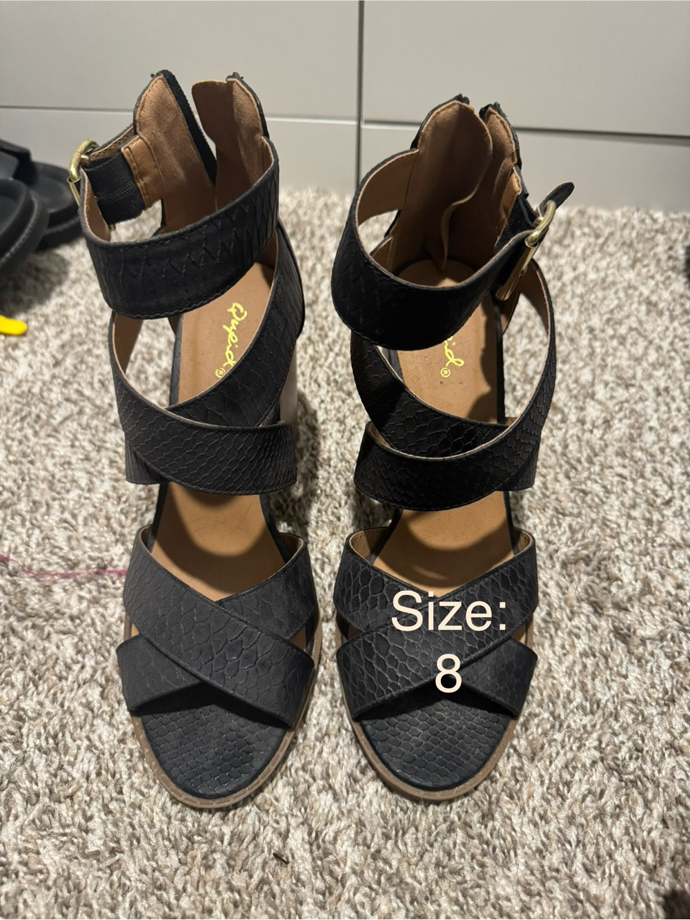 Qupid Black Textured Strappy Block Heel Sandals